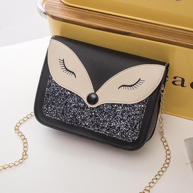 

Fashion trend sequined fox face decoration women s bag versatile magnetic buckle chain small square bag чёрный