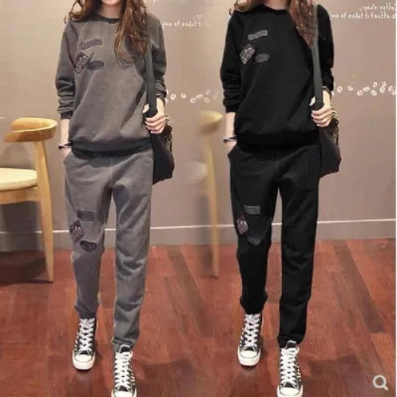 Casual Sweatshirt Suit for Women in Autumn and Winter, Thickened Loose Top, Velvet Sports Two-piece Set, Korean Style Fashion