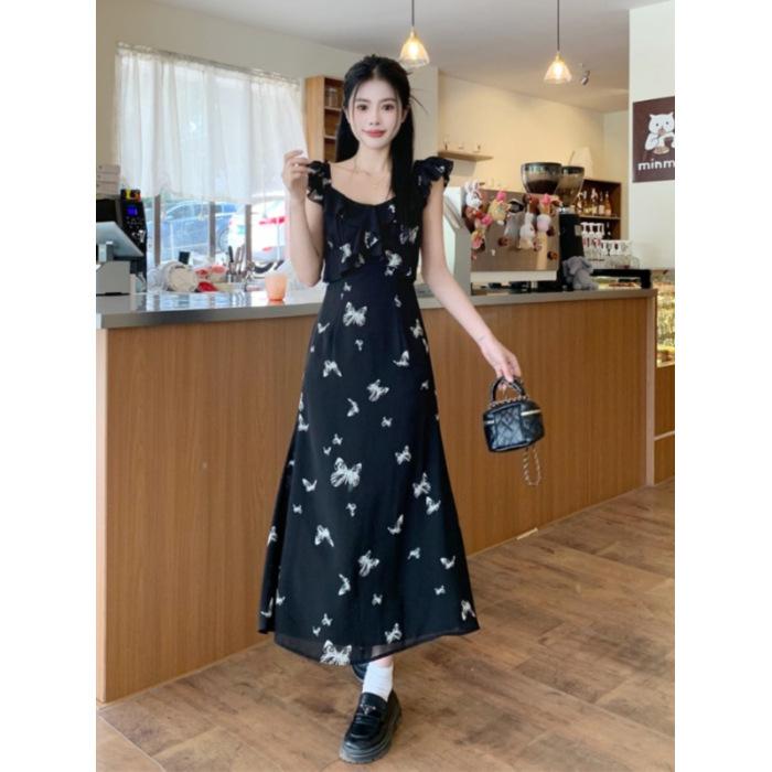 French small flying sleeves black butterfly dress women s summer new beautiful temperament waist thin suspender long dress S чёрный