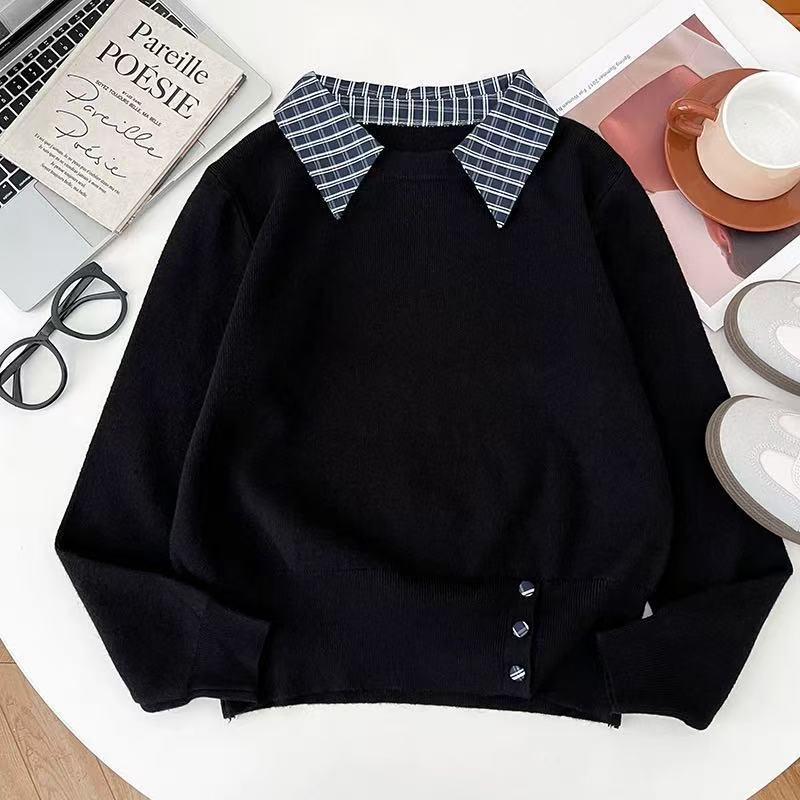 Korean Plaid Patchwork Knit Sweater - Women's Long Sleeve Fake Two-Piece