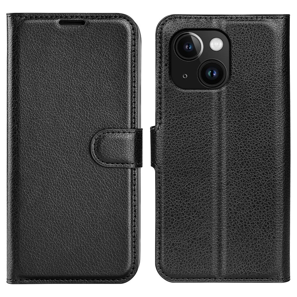 For iPhone 15 Plus Wallet Case Litchi Texture Shockproof Leather Flip Stand Phone Cover