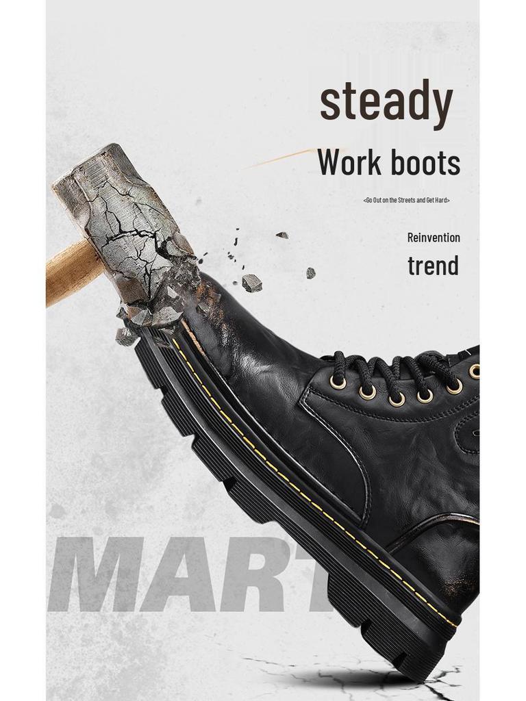 Herren Retro Martin Stiefel: Echtleder, Höhenvergrößernd, Dicksohlig, Mid-Top, Distressed Outdoor-Arbeitsstiefel