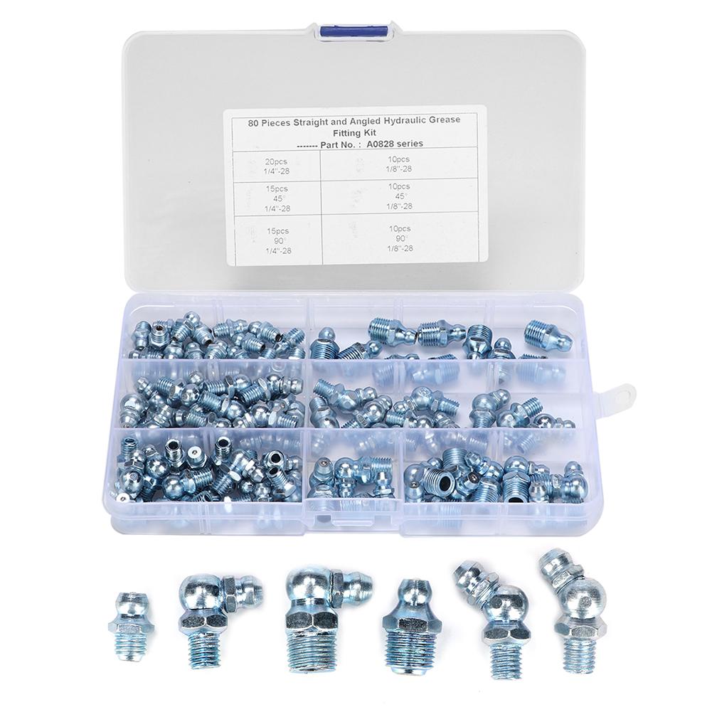 80pcs Straight Bend Grease Zerk 1 8in 28 45 Degrees  Galvanized Blue Zinc Iron Hexagonal Nozzle