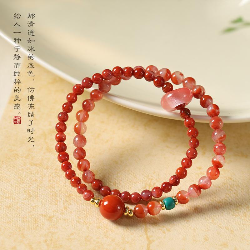 South Red Agate Double Circle Bracelet for Girls, Ice-Float South Red Layered Bracelet, New Chinese Style National Trend Gift