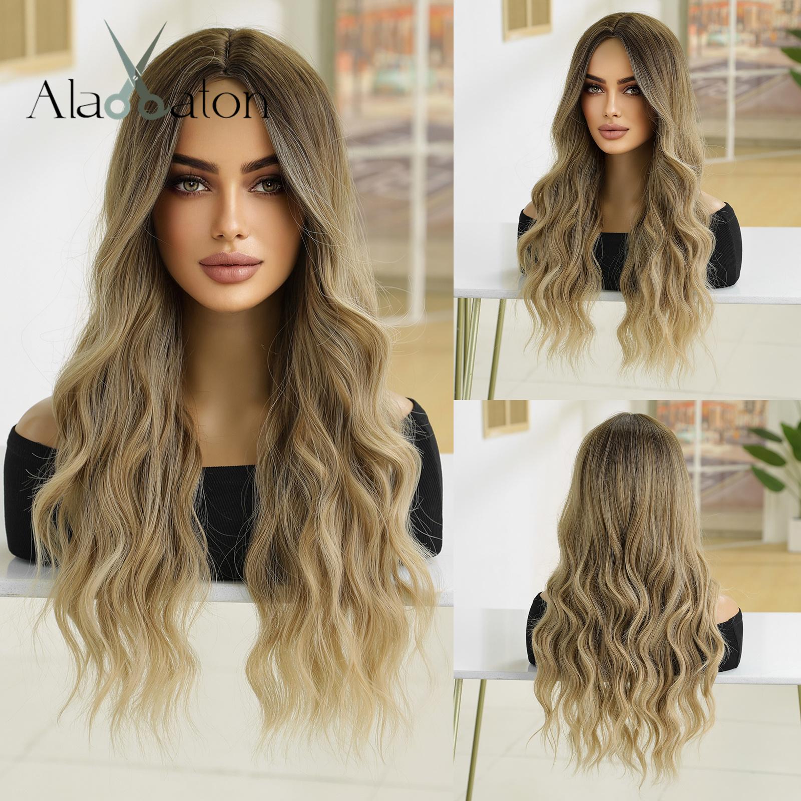 

Длинные волнистые парики ALAN EATON для чернокожих женщин, афроамериканские синтетические волосы, светло-коричневые парики с челкой, термостойкие косплей