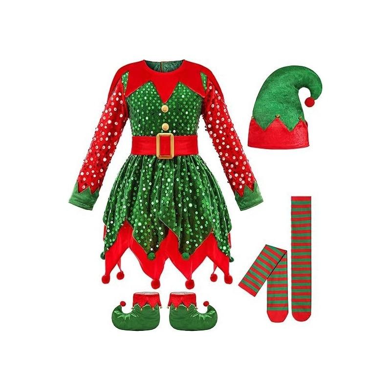 Girl Elf Costume Christmas Holiday Cosplay Dress With Accessories For Kids