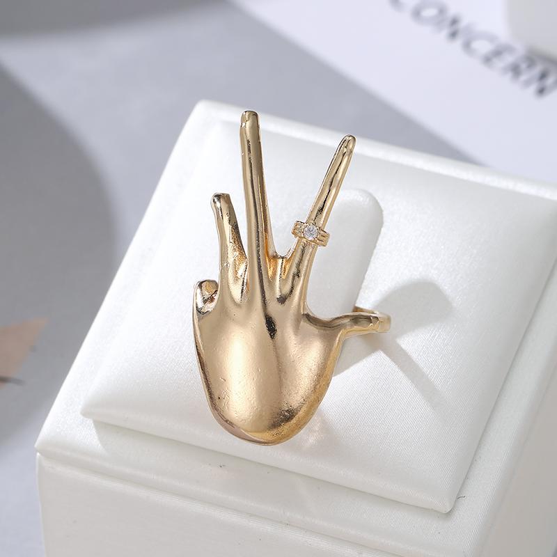 

Unique Gold Color Palm Style Open Ring Inlaid with Rhinestones Women s Minimalist Zircon Accessory ZB9077-1