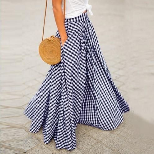 Women's Gingham Plaid High Waist Elastic Waistband Maxi Skirt A Line Big Flared Long Skirt