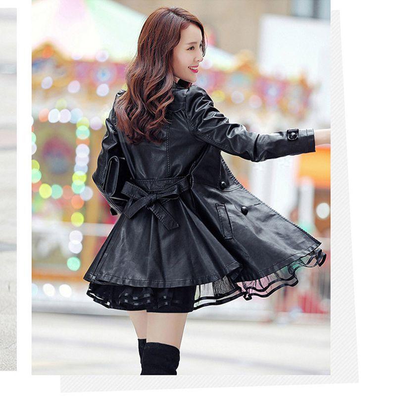 

Leather jacket women s medium and long leather jacket leather trench coat autumn and winter women s clothing bubble sleeve design double-breasted 5XL160-175