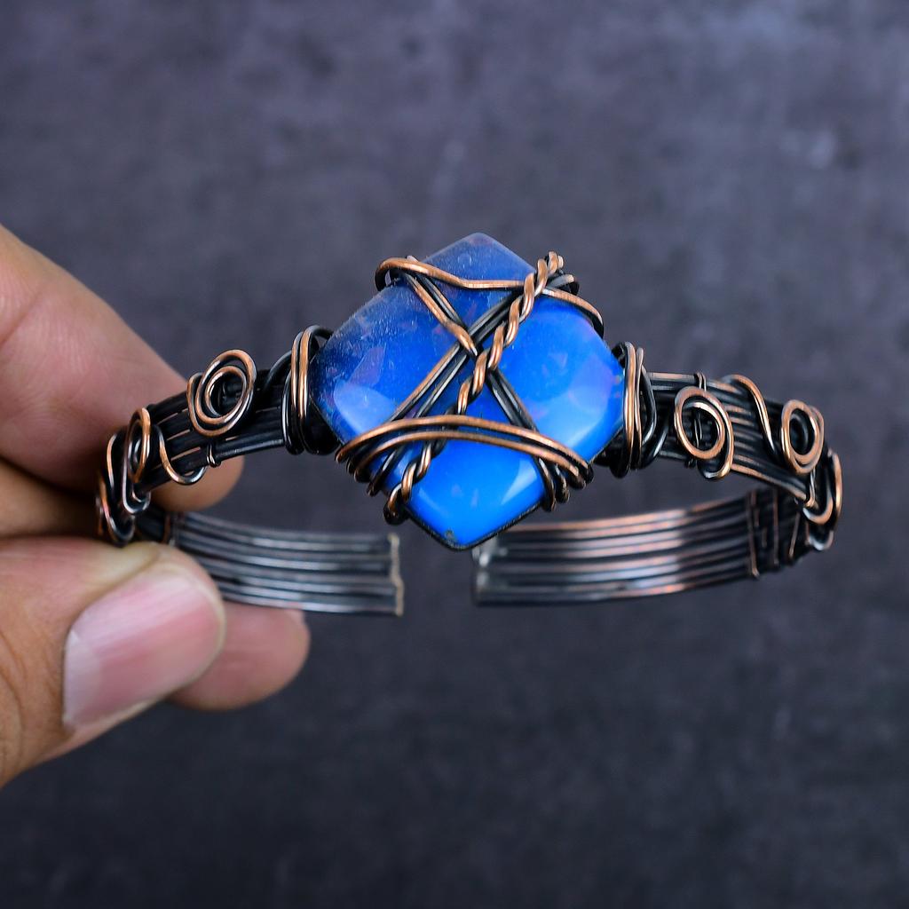 Blue Triplet Opal Gemstone Handmade Copper Wire Wrap Cuff Bangle Adjustable ET-4971