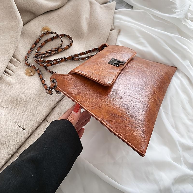 Large Capacity Messenger Bag, Vintage Chain Flap Square Purse, Women's PU Leather Shoulder Bag