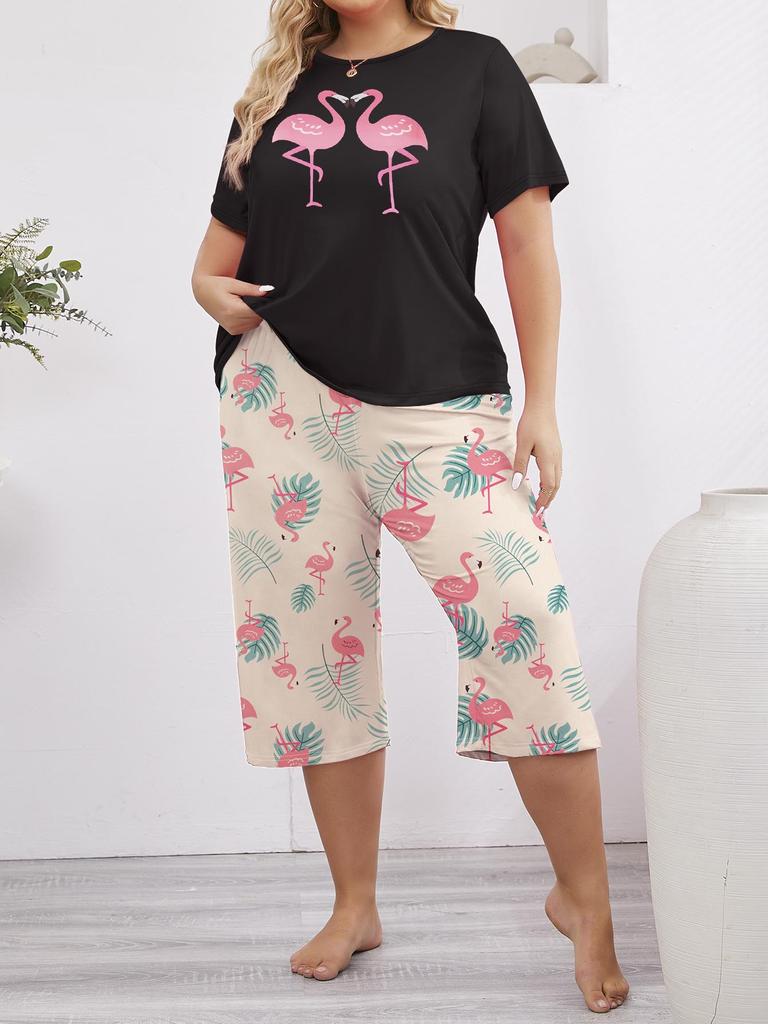 Summer Love Print Pajama Set: Short Sleeve Top & Seven-Point Pants, Plus Size