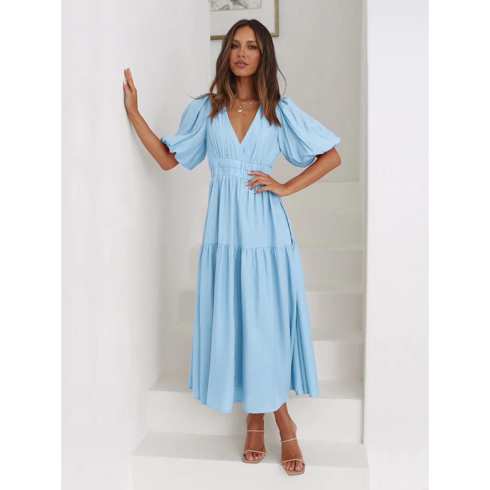 Mote Damer Sommer Vintage Kjole Kvinner Lanternermer Volanger Casual Kjole V-hals Høy Midje Sexy Selskap Midi Strandkjoler