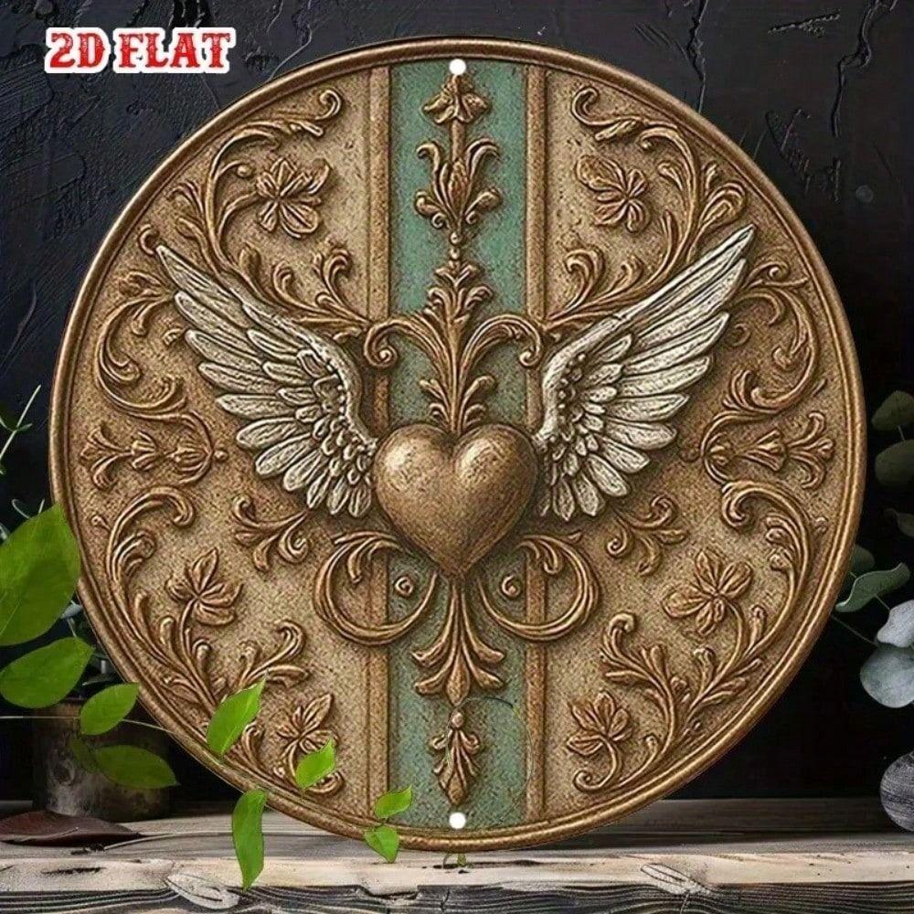 Metal Poster Round Aluminum Sign 2D Vintage Metal Wall Art Heart Wings for Living Room