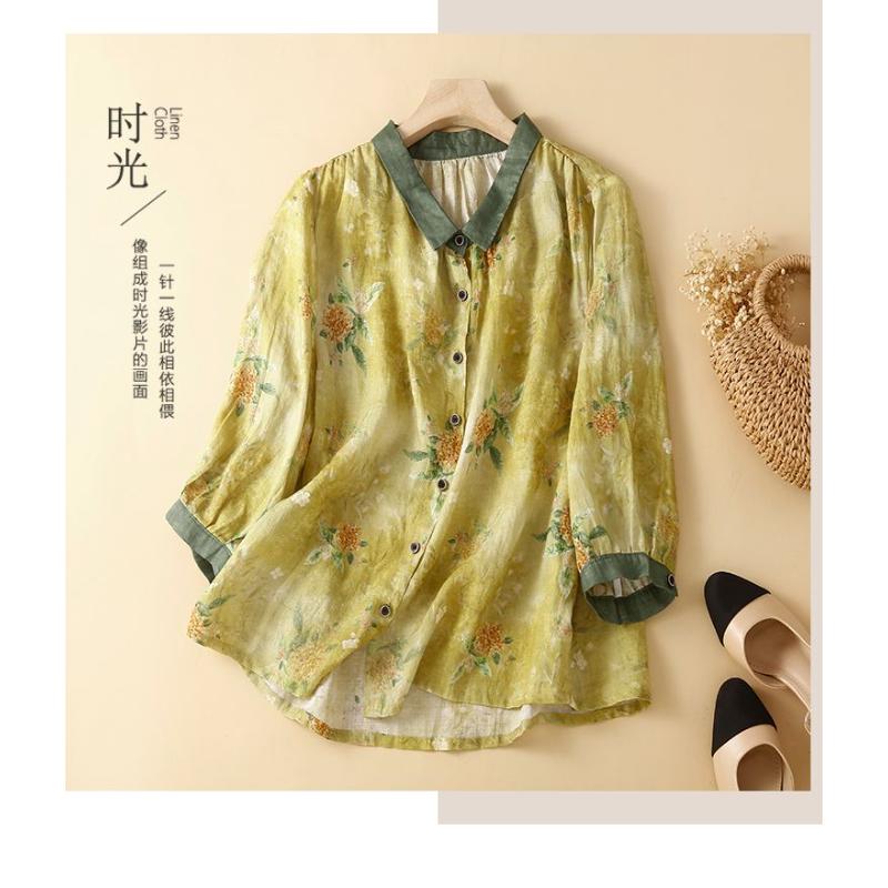 Women's Gray Floral Print Blouse Contrast Collar Half-Sleeve Casual Chiffon Top