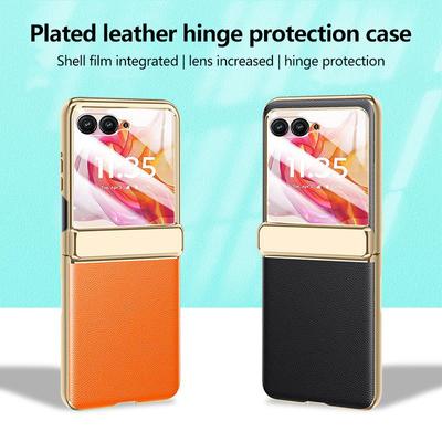 Plain Leather Phone Case for Motorola Razr 50 Ultra with Tempered Glass Hinge All-inclusive Folding Shockproof Hard Full Protection Cover