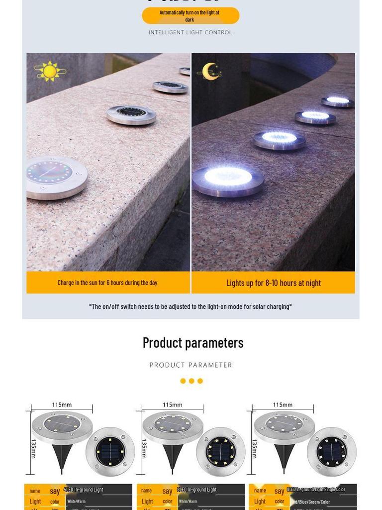 Solar LED Stainless Steel Underground Light for Outdoor Garden, Lawn, Courtyard, Rainproof.