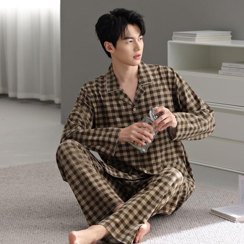 Pure Cotton Pajamas Men'S Loungewear Spring Suit Cardigan Long-Sleeved Plaid Can Be Worn Outside Spring And Autumn Styles