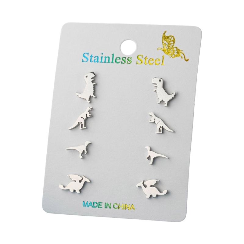 

4 Pairs Fun Cartoon Dinosaur Earrings Stainless Steel Texture Ear Jewelry Fashion Ear Pin Suitable for Daily Party Use
