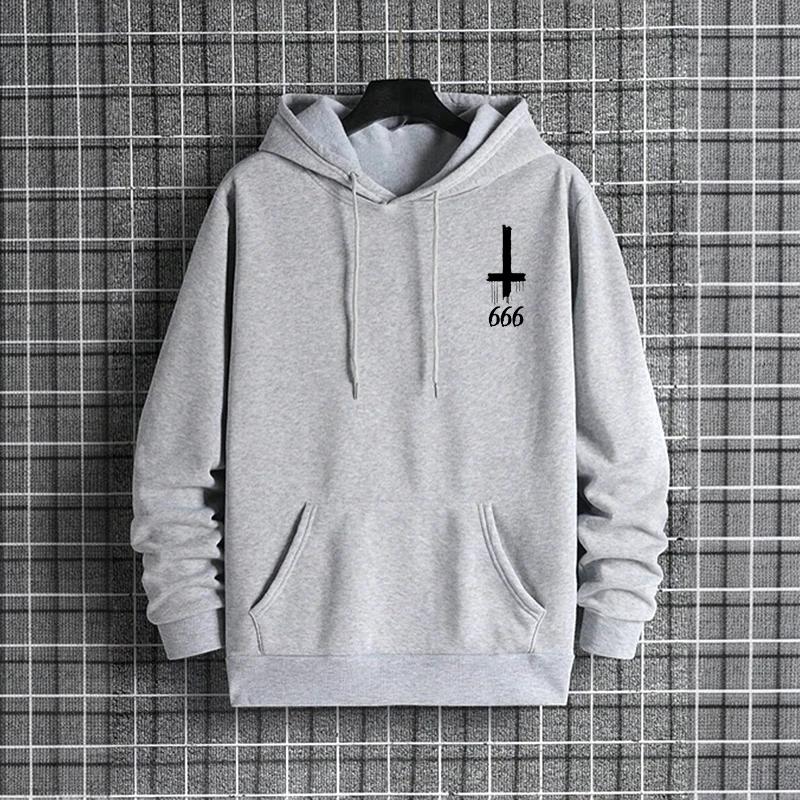 Man Streetwear Hooded Sweatshirt Gothic Demonic Theme Print Top 2025 New Autumn Winter Male Fashion Casual Jacket with 666 Cross
