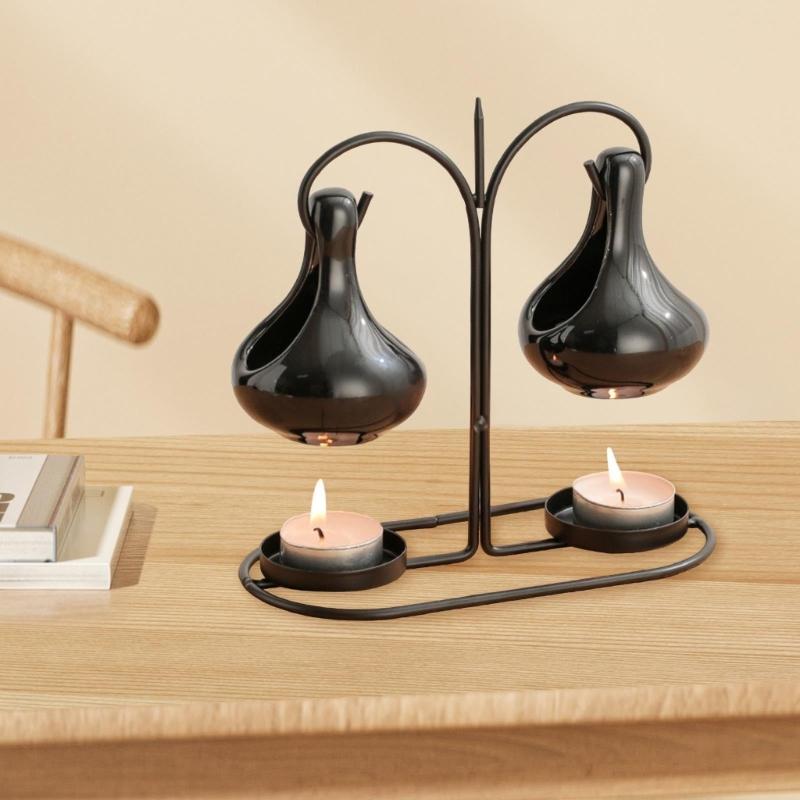 Double Ceramics Pot Hanging Essential Oil Burners Metal Tealight Holder Rack for Bedroom and Living Room Table Decors