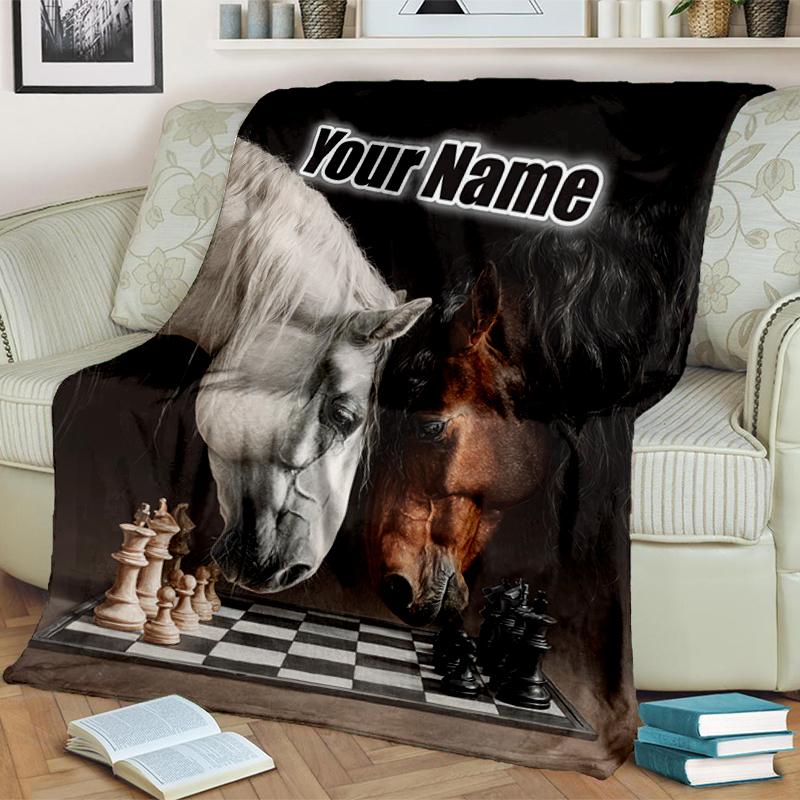 1PC Custom Name Horses Chess Game Flannel blankets Patterns Throw Blanket All-Season Soft Gift for Couch, Bed, Camping gifts