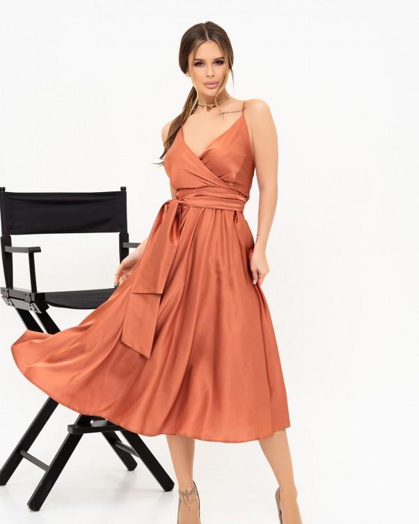 

Шовкова сукня із зав язкою ISSA Plus S terra cotta кольору