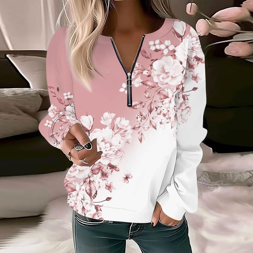 Women Sweatshirt Pullover Basic Quarter Zipper Long Sleeve Print Flowers Hoodie Casual Top