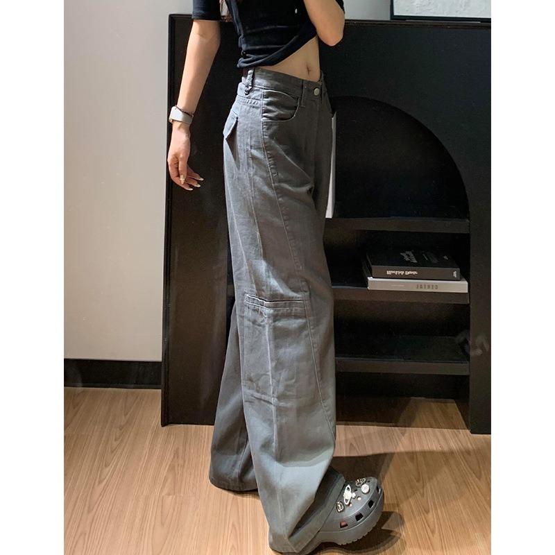 Womens High Waist Grey Cargo Wide Leg Jeans Casual Loose Streetwear Denim Trousers Y2K Style