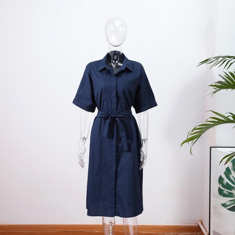 Casual Women's Lace Up Dress Single-Breasted Turn-Down Collar Short Sleeve Lady Dresses Loose Female Robe