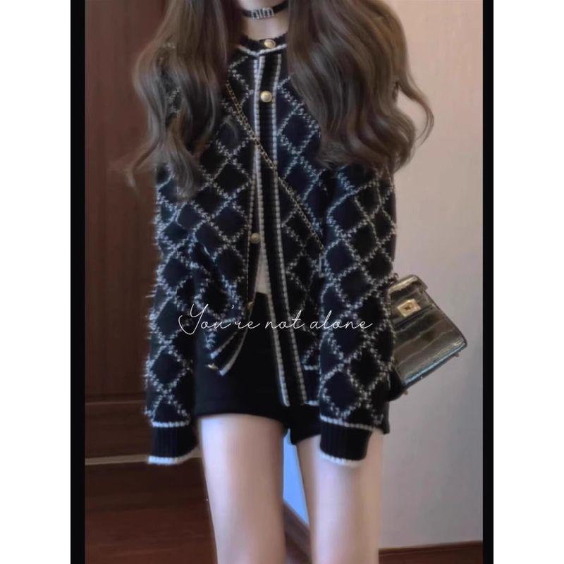 

Elegant Light Luxury Graceful Knit Cardigan Top Women High Sense Rhombus Loose Sweater Outerwear Spring and Autumn New Black Quality Edition S