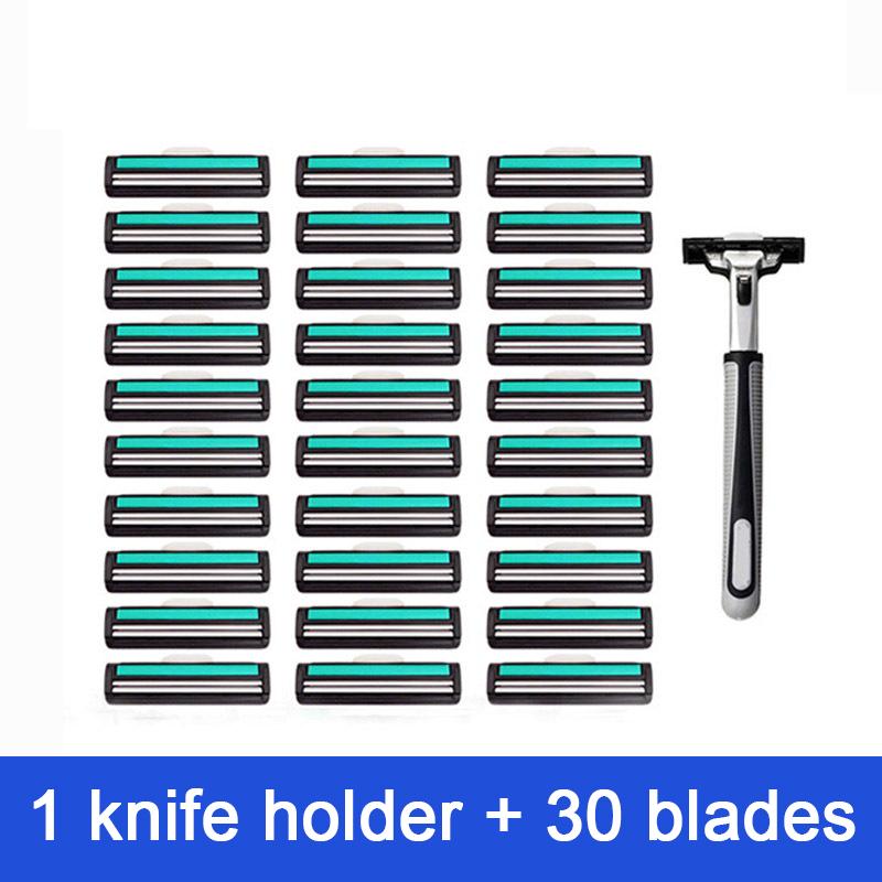 1 Rukojeť 30 ks Dvouvrstvé Pánské Manuální Žiletky Pro Standardní Holicí Strojek na Vousy