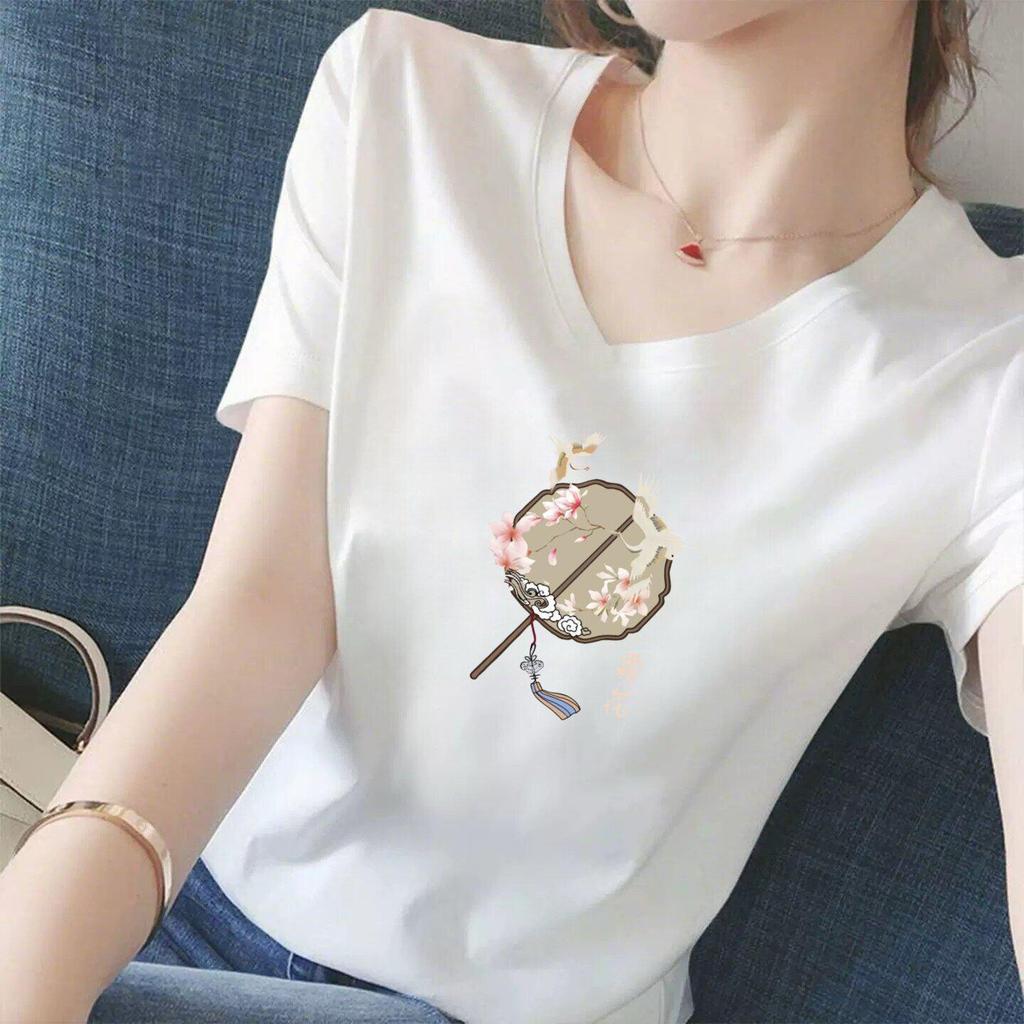 Elegant V-Neck Short Sleeve Floral T-Shirt for Middle-Aged Women - White, Loose, Slimming, and Versatile Casual Top