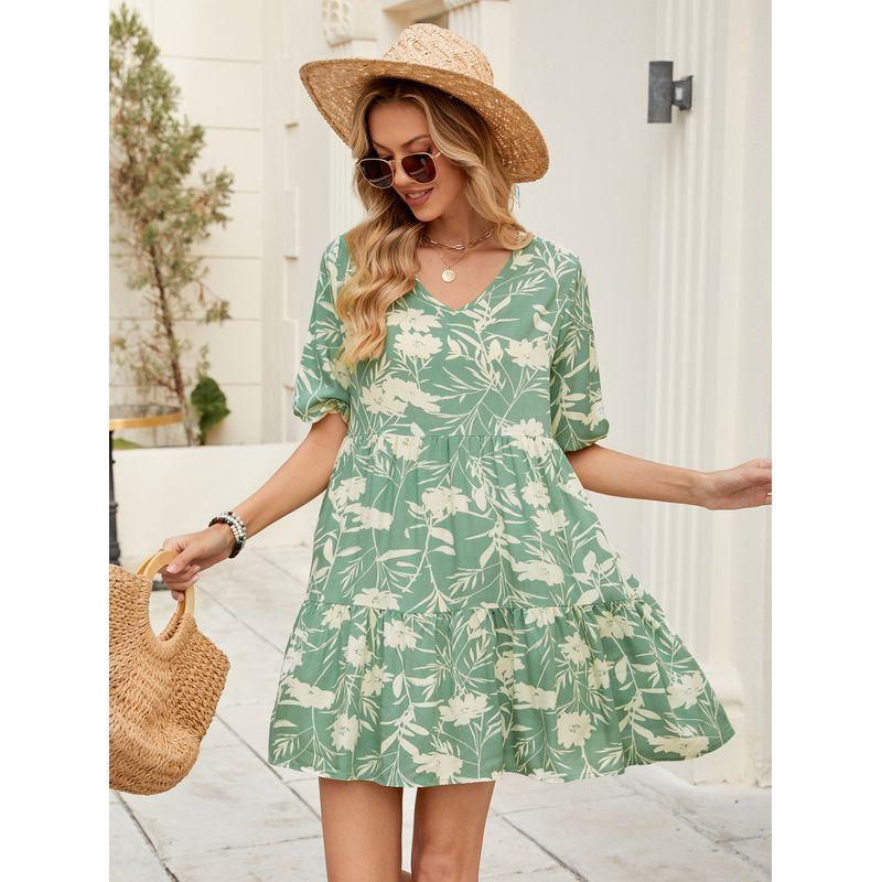

Small Summer New Arrival European and American Style Fresh V-neck Floral Loose Lotus Leaf Lantern Short Sleeve Dress Female Dress Green XL