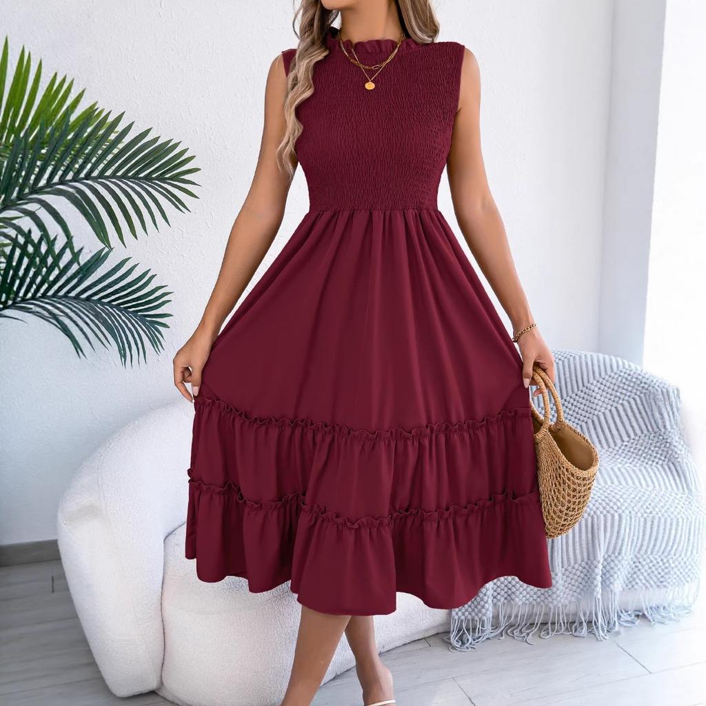 Spring Summer Women's Casual Smocked Waist Sleeveless Ruffle Trim Flowy Maxi Long Dress for European American Crossborder