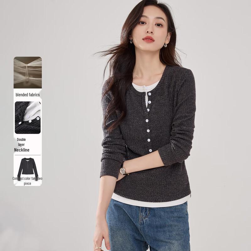 Women s Fashion Faux Two-Piece Long-Sleeve T-Shirt S