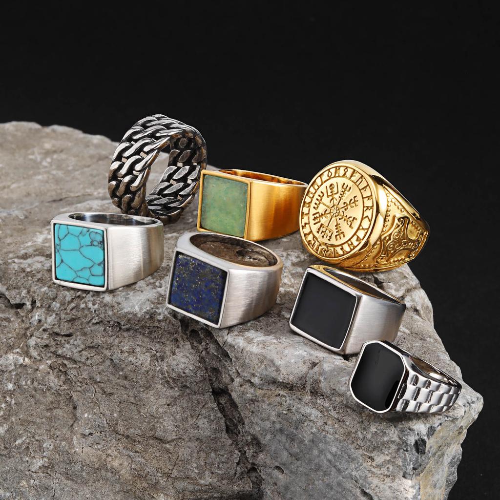 Cool Punk Vintage Prsteny z Přírodního Kamene pro Muže, Geometrické Signetní Prsteny z Nerezové Oceli, Stylové Retro Etnické Prstové Šperky Dárek