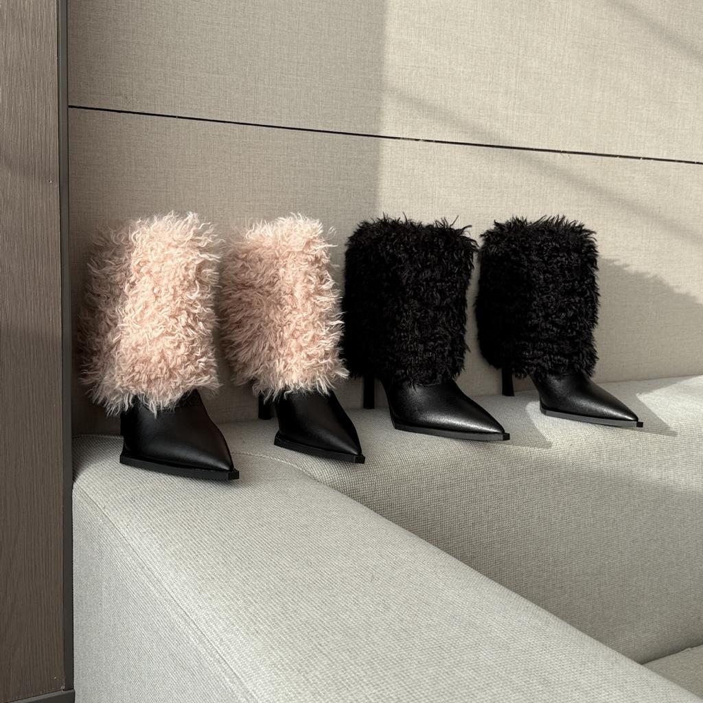 Fleece To Keep Warm In Winter, New Pointed-toed Thin-heeled Medium-heeled Short Boots, Fluffy Boots, High-heeled Design for Women