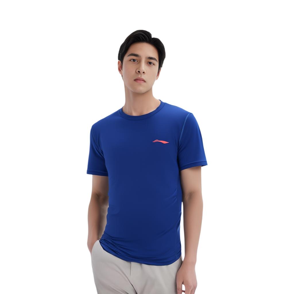 Li-Ning Solid Color Sports Training Quick-Dry Round Neck Short Sleeve Fitness Shirt Men Tops Crystal-Blue AUDN121-8