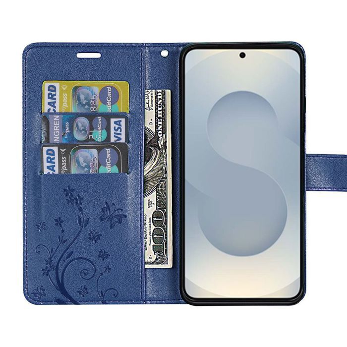 Hülle für Samsung Galaxy S25 Plus (S25+) - BOOLING - PU-Leder Dunkelblau Blumen-Schmetterlingsmuster