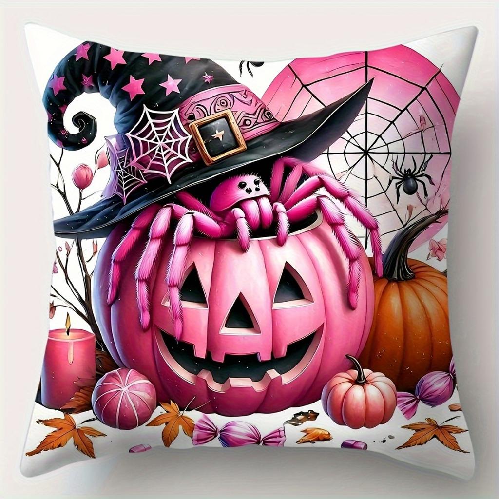 1pc Pink Black Halloween Cushion Cover Pumpkin Ghost Print Washable Soft Cover Gift for Holloween Themed Party Sofa Decoration