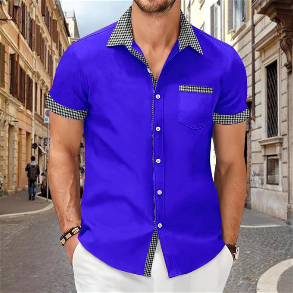 Patchwork printed shirt for men, solid color, comfortable and soft short sleeve top, large size, summer New