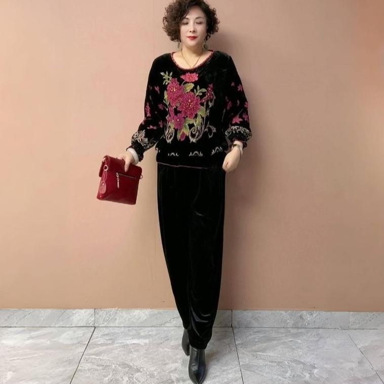 2pcs Vintage Pants Suits High-end Women's Silk Velvet Printed Oversized Blouse High-waist Velvet Pants Two-piece Velvet T-shirt Fall Winter