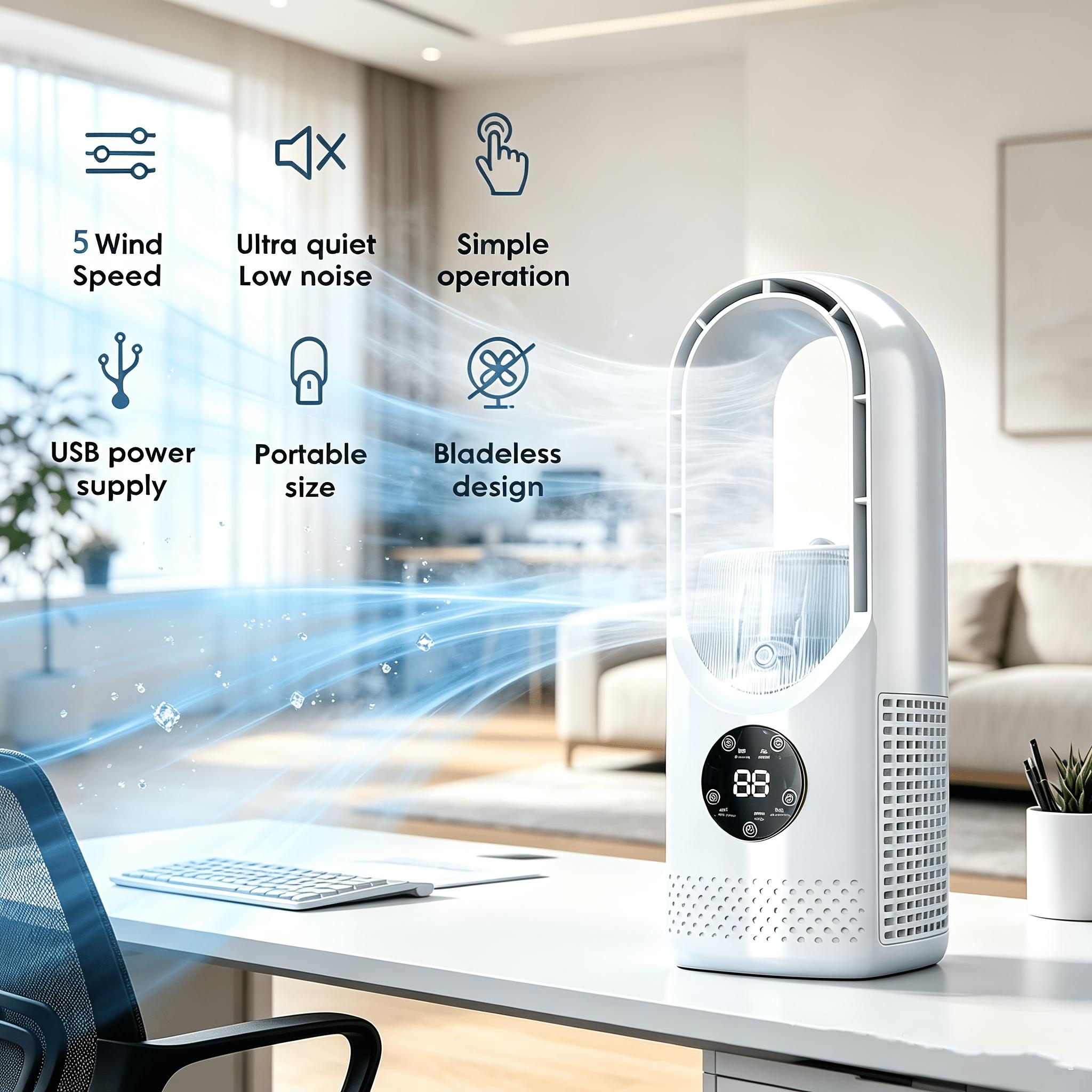 Multifunctional Portable USB Fan, Bladeless Tower Cooling Fan, Desktop Silent Portable Bladeless Fan - Water Mist Cooling, USB Type-C