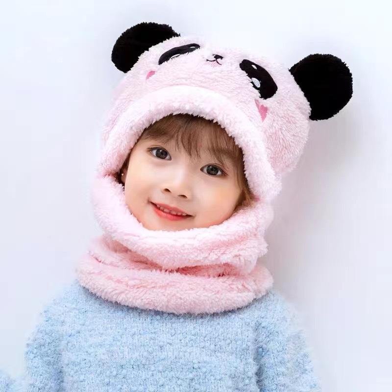 1 Set Autumn Winter Cute Plush Children Scarf Hat 2 In 1 Boys Girls Fleece Warmth Hooded Scarf Set