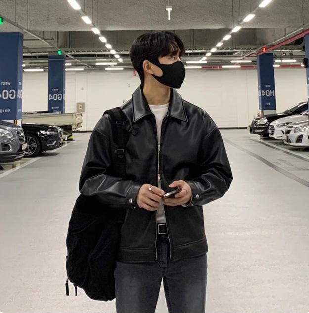 

Men s Black Leather Pilot Jacket - Spring/Autumn Trendy Retro Motorcycle Style Large чорний