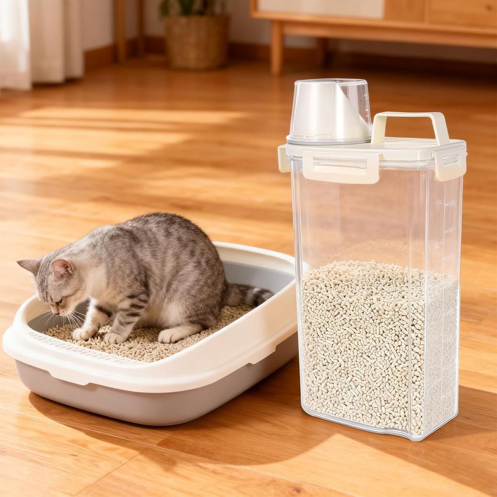 2 PCS Cat Litter Storage Container 3L Clear Cat Litter Storage Bin with Airtight Lid Spout and Handle Sealable Heavy Duty Moisture Cat Litter Storage