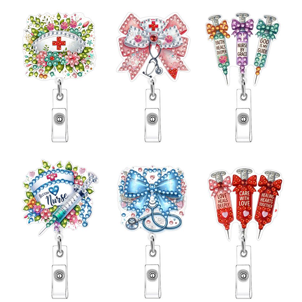 6Pcs DIY Decorative Work Badge Holder Retractable Bling Crystal Painting Badge Clip Sparkly Gem Art Name Tag Nurse Accessories
