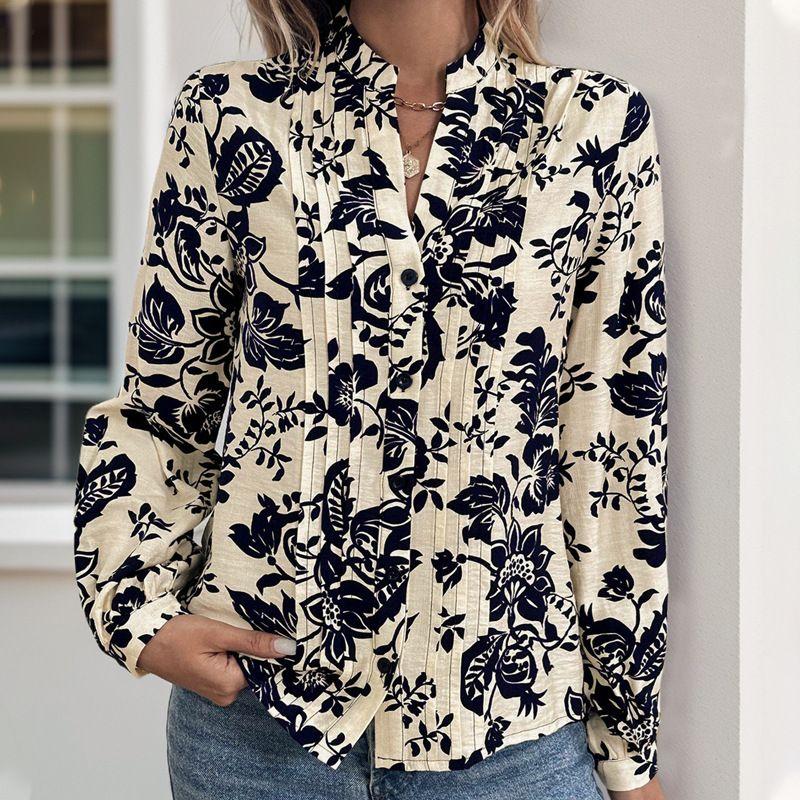 

European New All-Match Elegant Retro Style Small Stand Collar Print Flower Long sleeve Shirts Tibetan Blue S