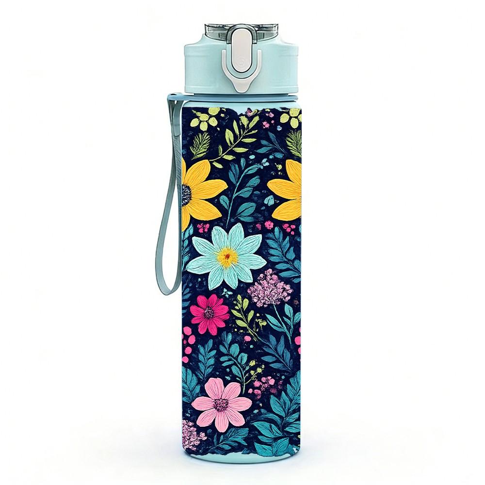 1PC Bright Multicolor Daisy Floral Print 750ml Color Plastic Sports Water Bottle Leakproof Flip Straw Lid Suitable for Sports Office Home Use